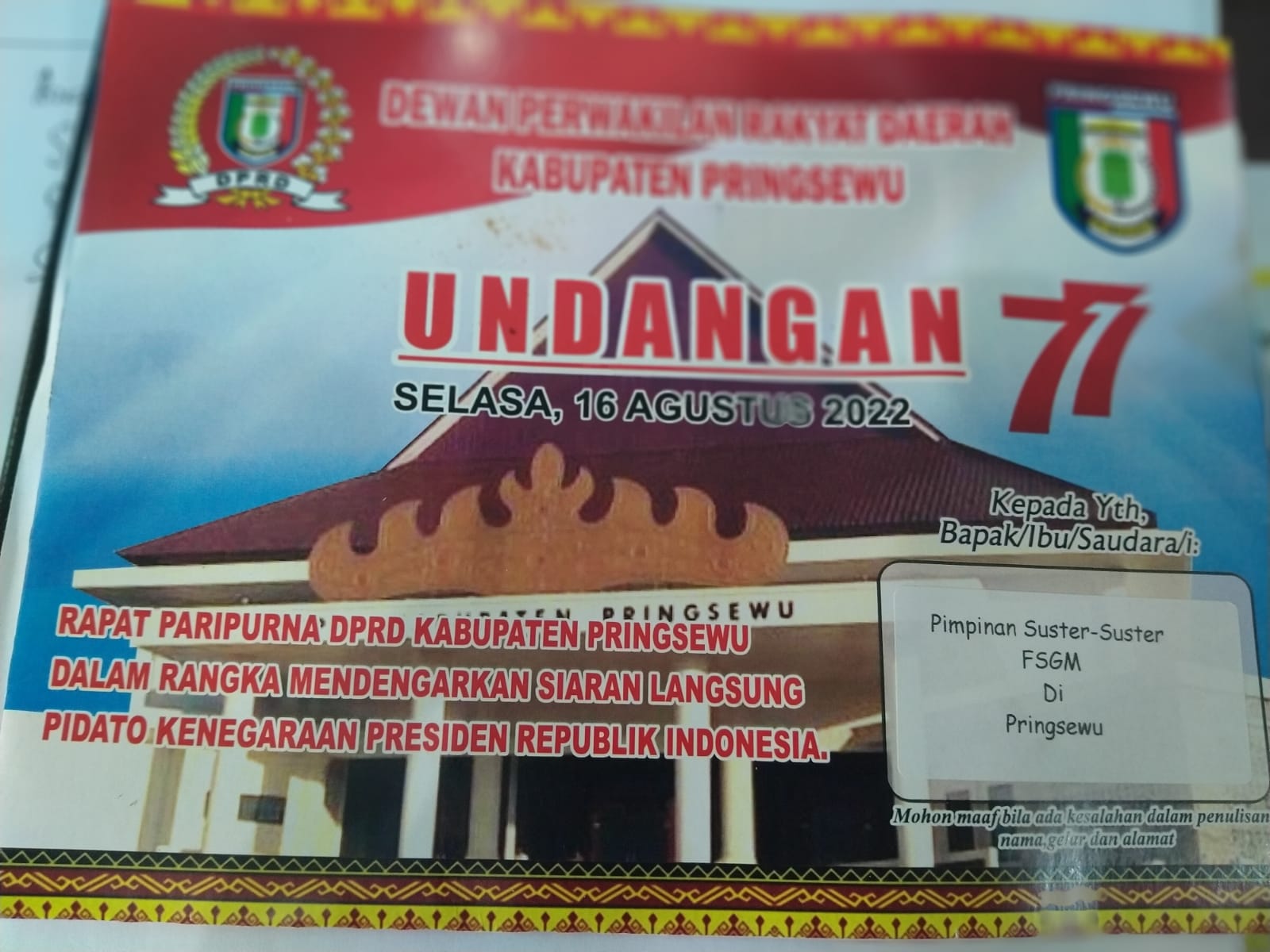 RAPAT PARIPURNA ISTIMEWA DPRD KABUPATEN PRINGSEWU